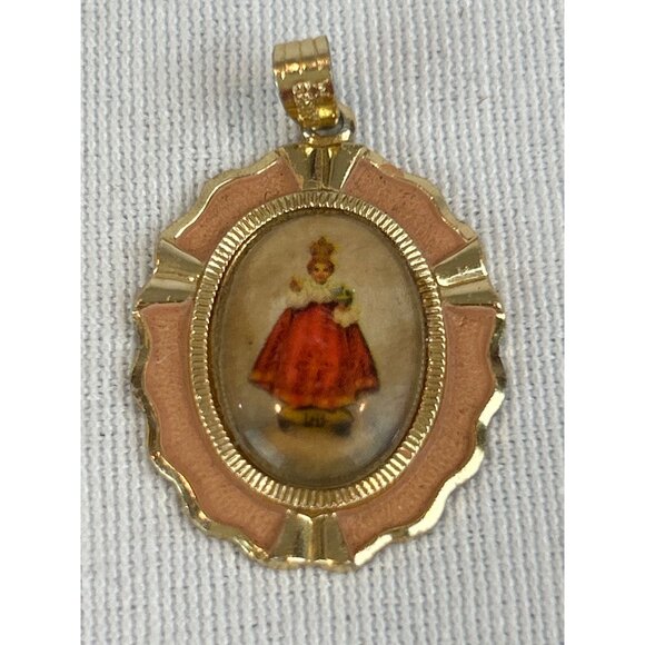 Vintage German Pendant Hand-Painted Figure In Gold-Tone Pink Frame - Picture 3 of 4